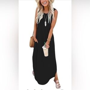 CUPTACC Women's Long Dress Summer Maxi Sleeveless Casual Beach With Pockets L